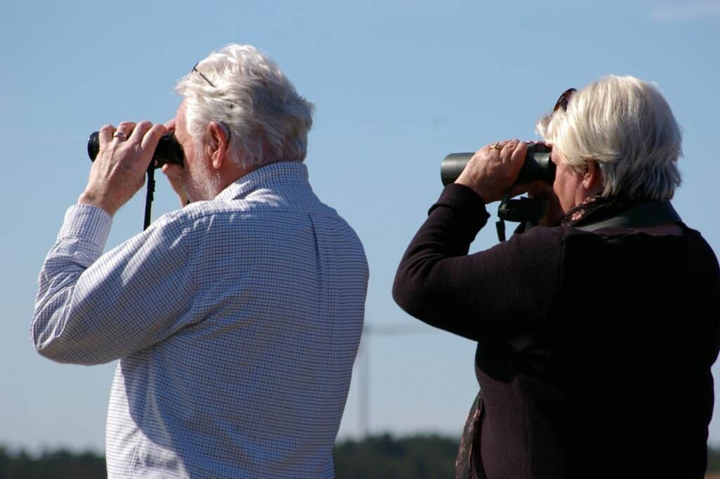 Couple looking through binoculars